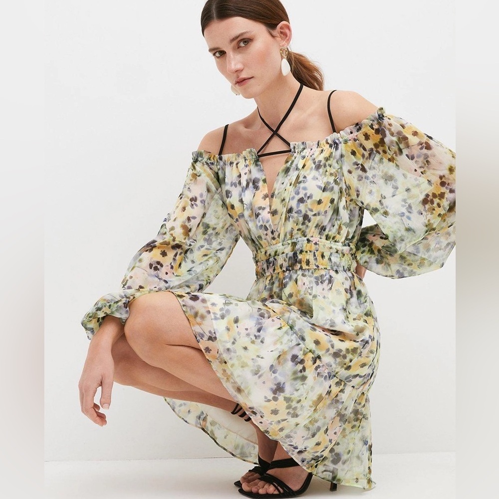 Karen Millen Floral Bardot Puff Sleeve Mini Dress Romantic Abstract Print, 6